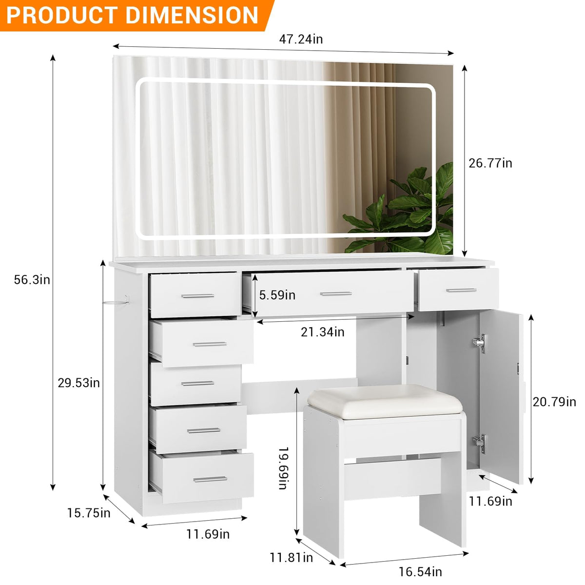White 7 Drawer Vanity Desk with LED Mirror E3087