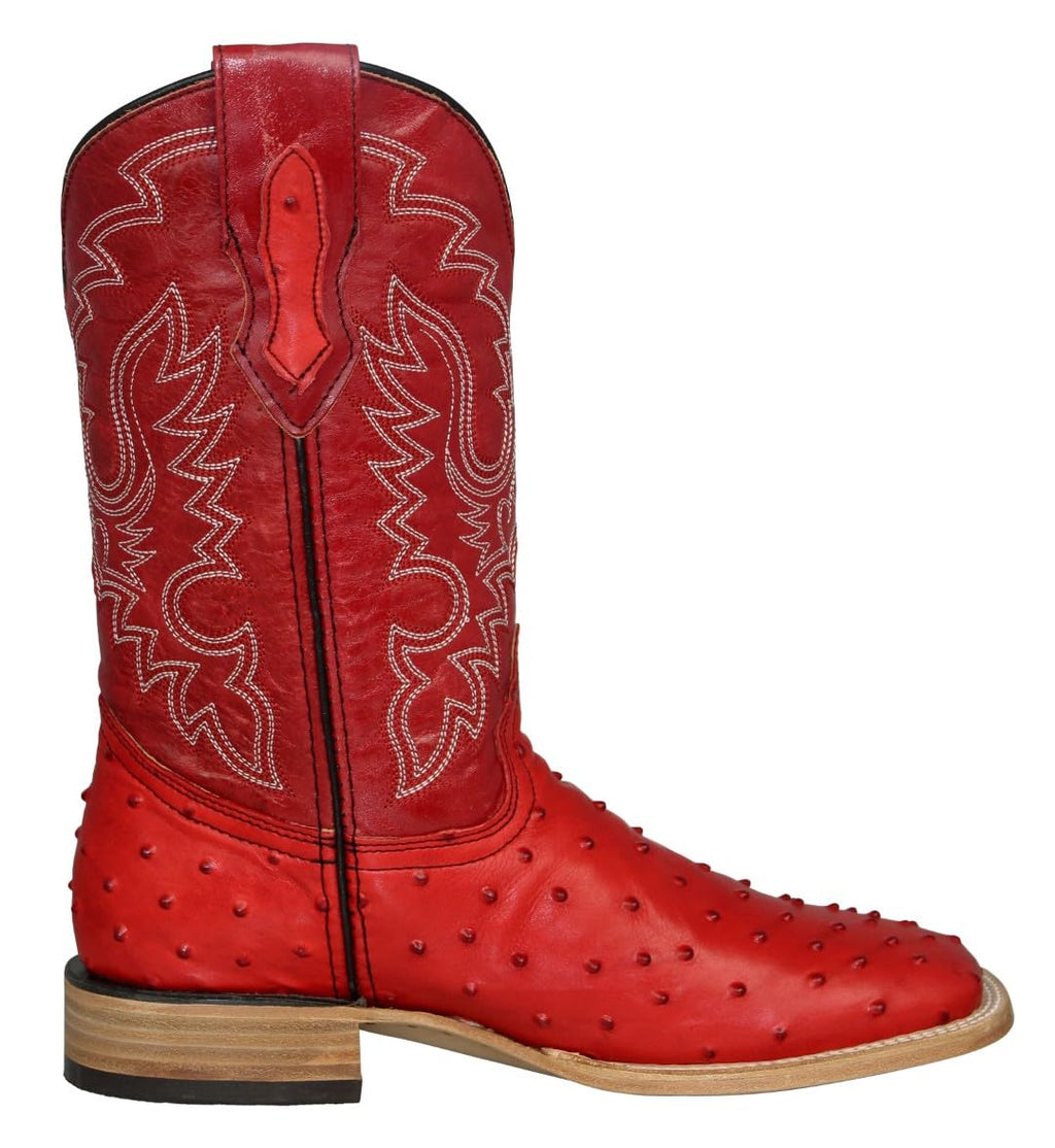 Red Ostrich Quill Print Leather Square Toe Western Cowboy Boots V2623