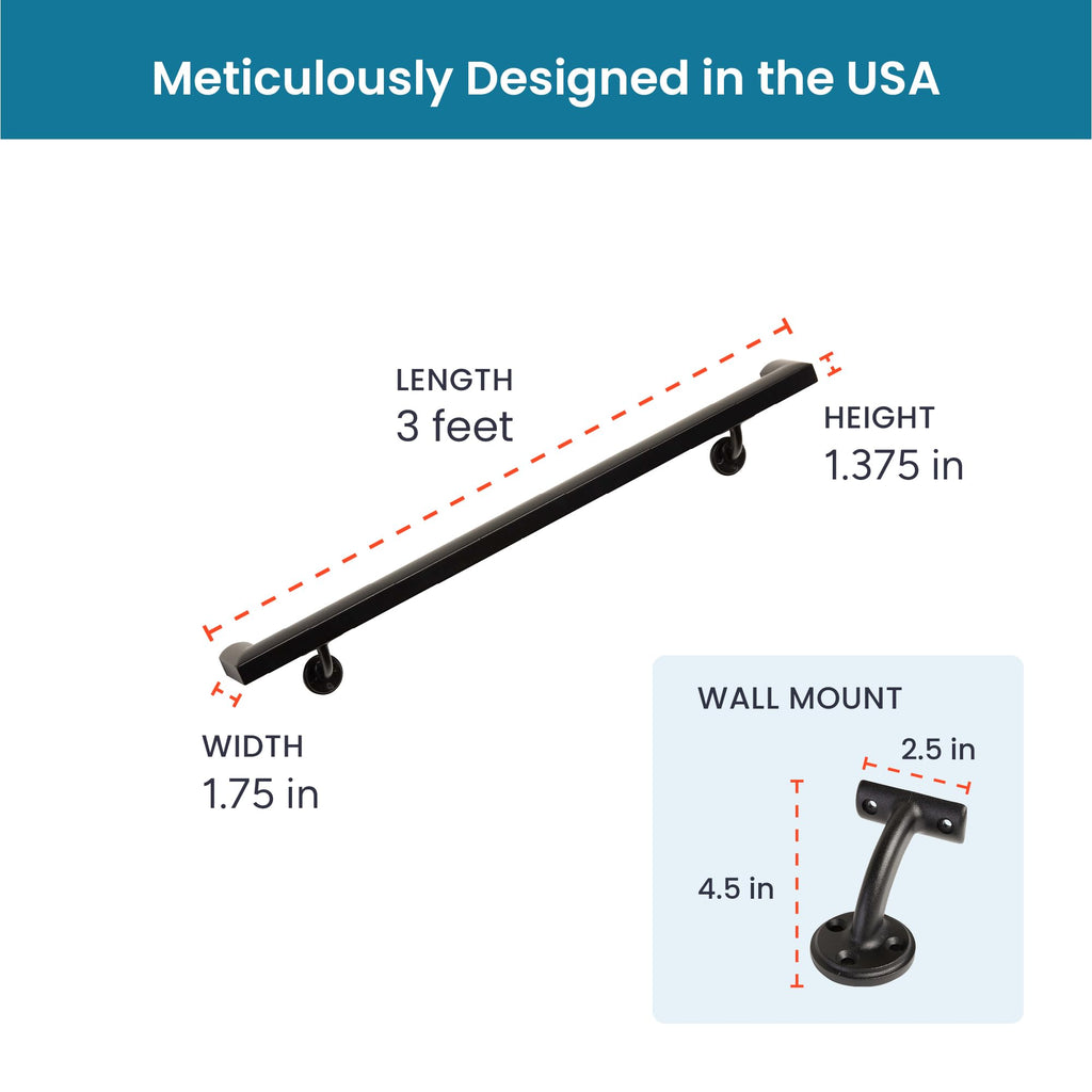 Aluminum Handrail Kit with Wall Mount Brackets, Black Textured, 3' Length N653667