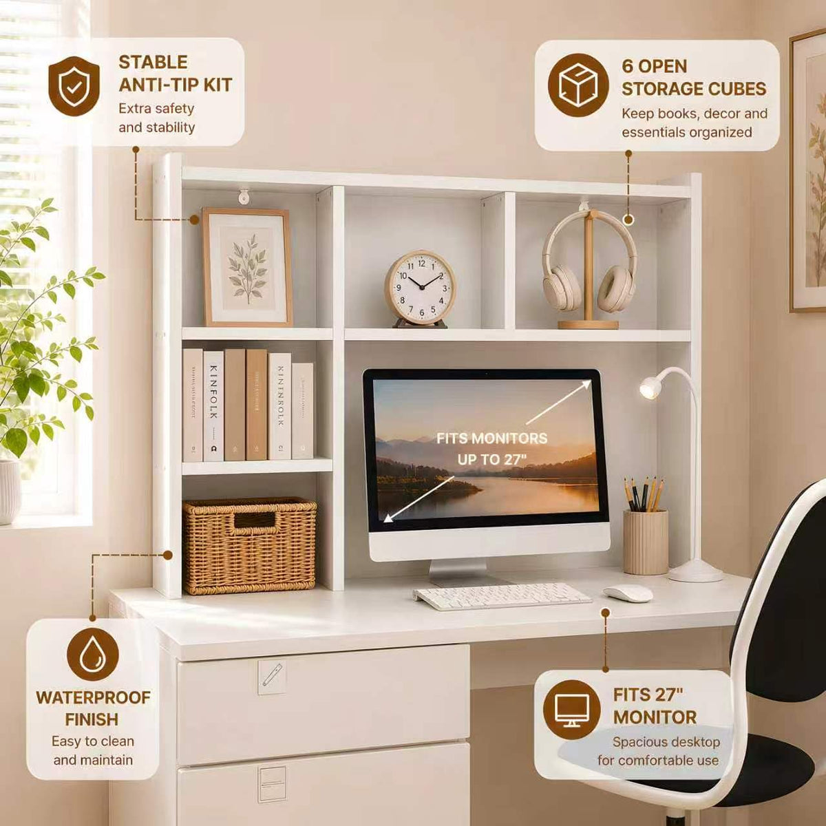 White Desk Hutch with 5 Shelves U752