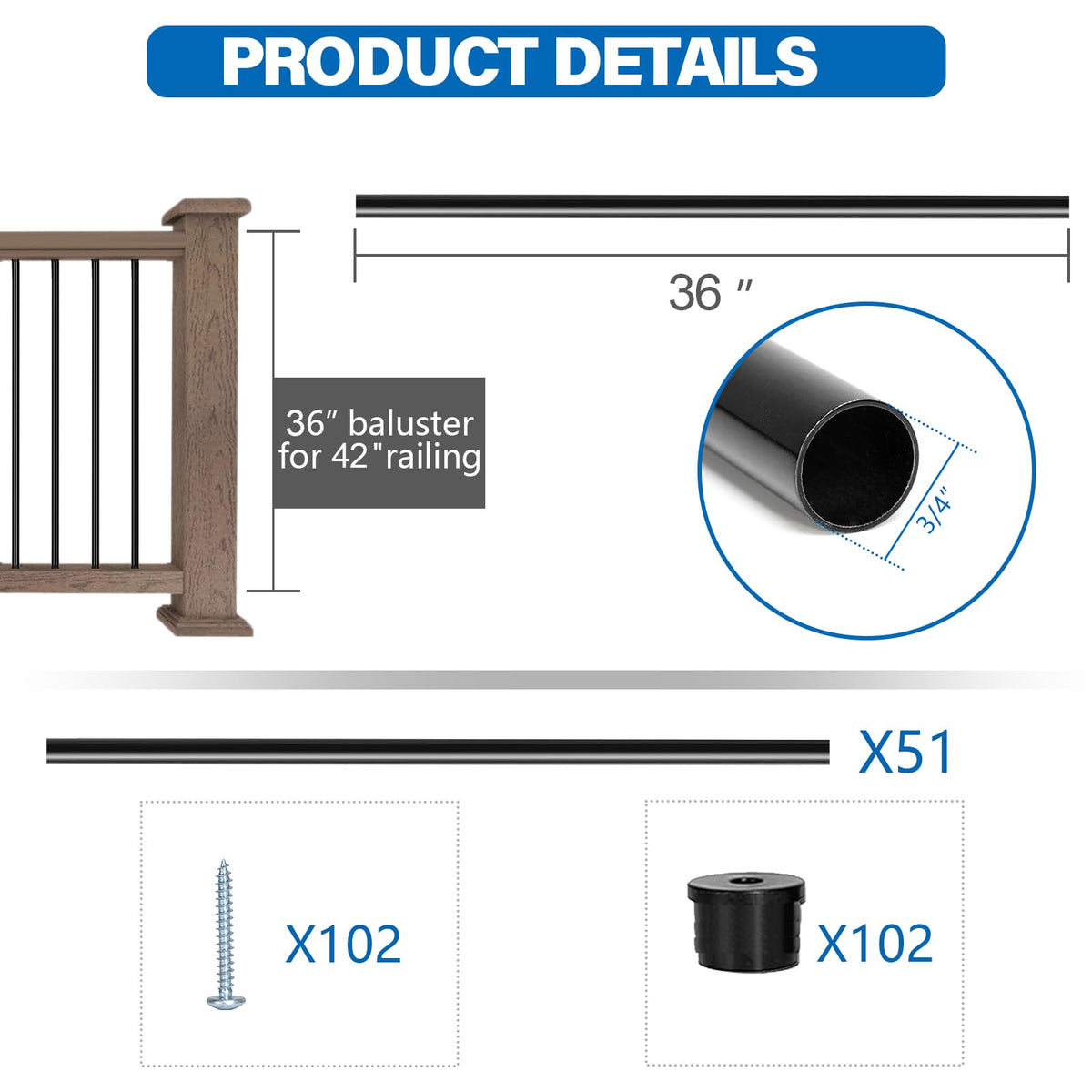 51 Pack 36" Black Aluminum Deck Balusters H308861