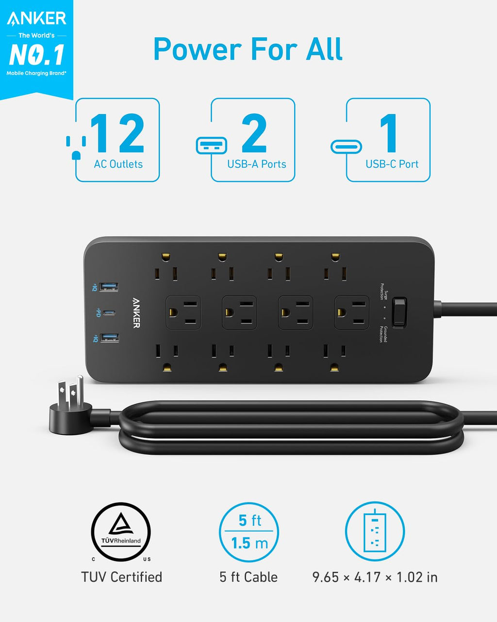 Power Strip with Surge Protector, Outlet Extender, 20W, 12 AC N309