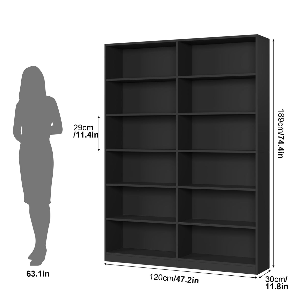 Black 6-Tier Double Wide Bookshelf K107