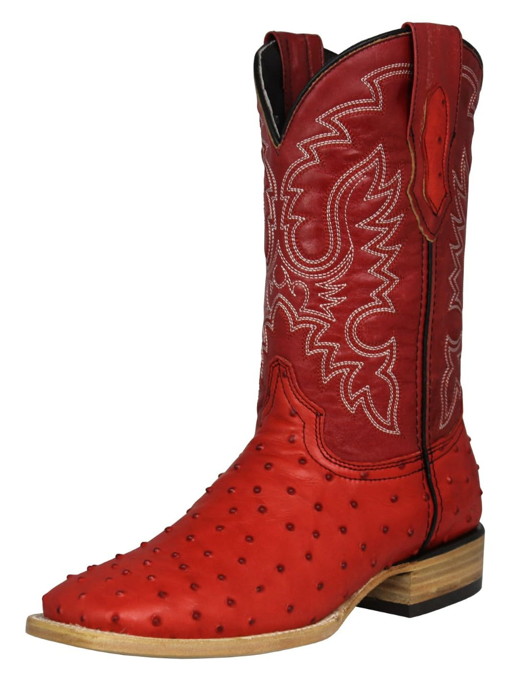 Red Ostrich Quill Print Leather Square Toe Western Cowboy Boots V2623