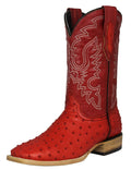 Red Ostrich Quill Print Leather Square Toe Western Cowboy Boots V2623