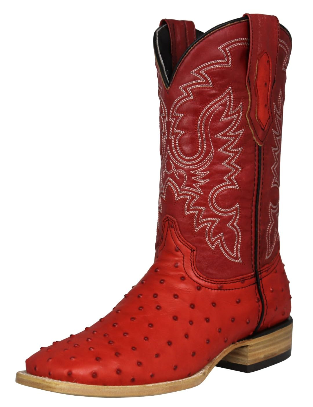 Red Ostrich Quill Print Leather Square Toe Western Cowboy Boots V2623