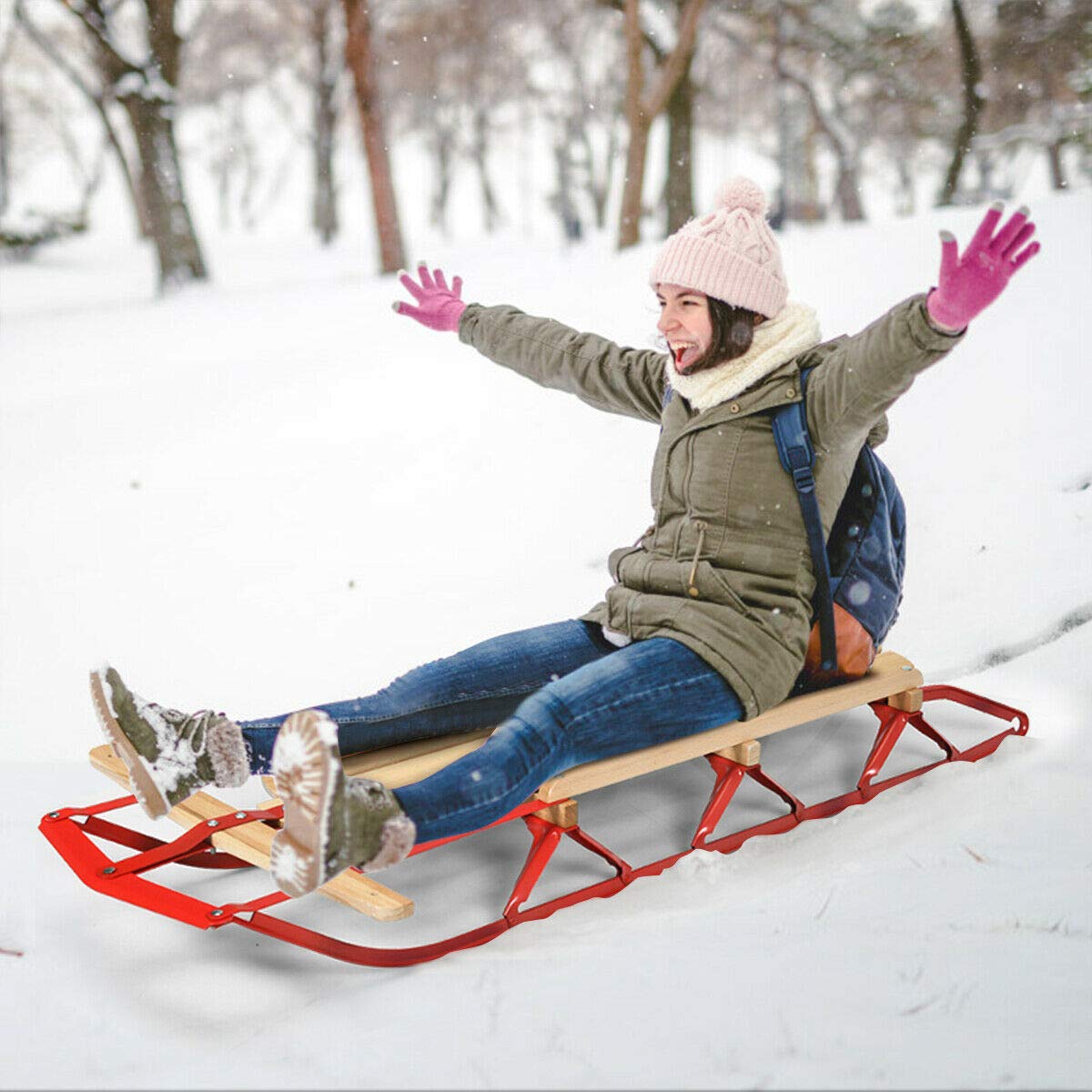 Wood Sled with Metal Runners and Steering Bar K308