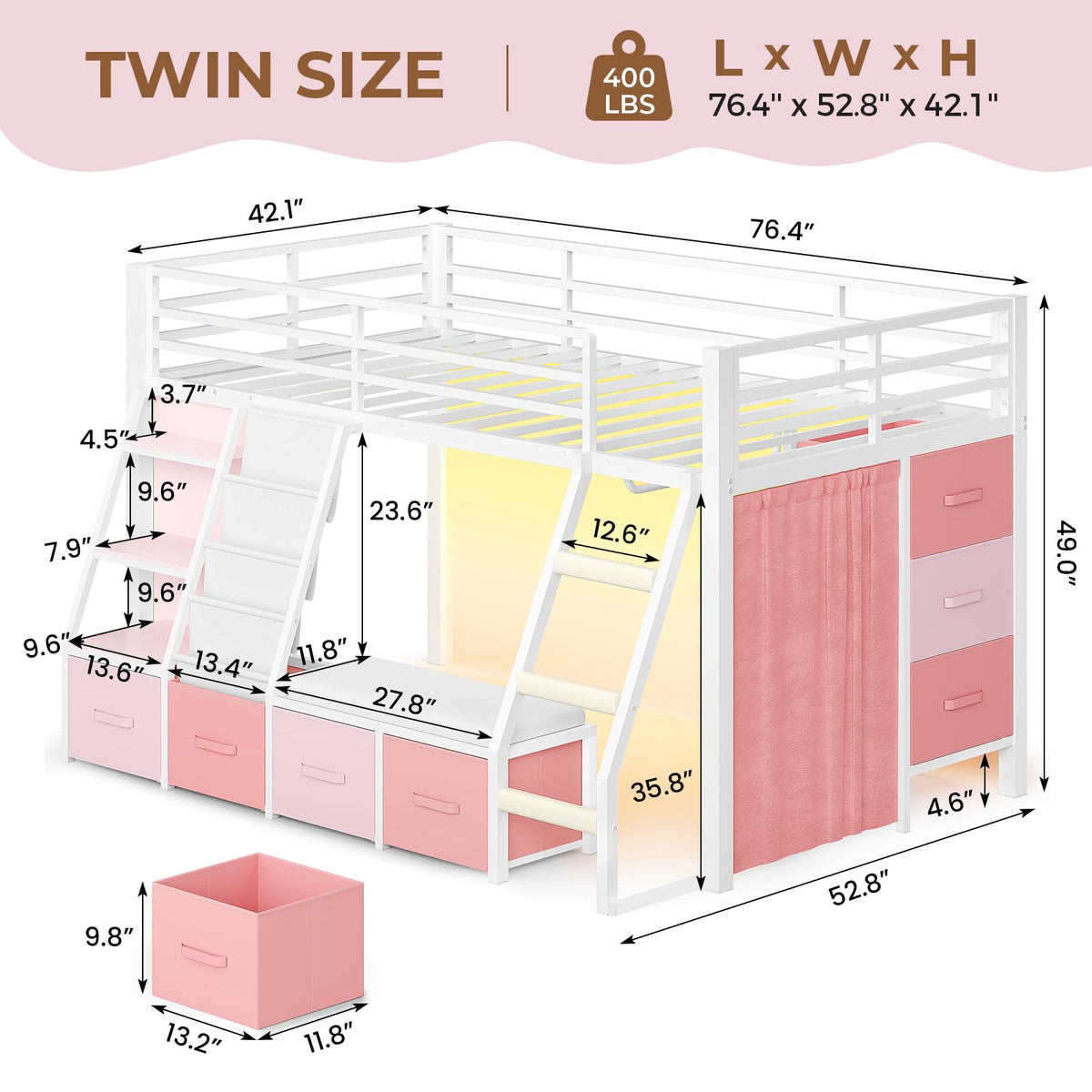 Twin Loft Bed with 7 Storage Drawers, Bookshelf, LED Lights & Guardrail, White & Pink Z355001