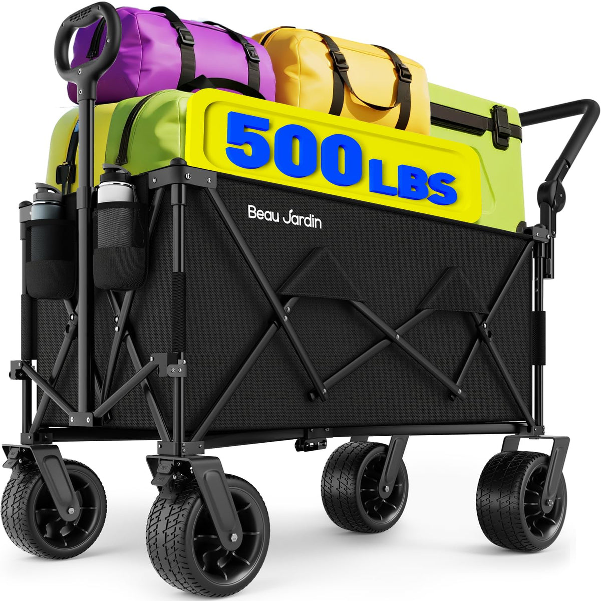 Folding Beach Wagon 500 lbs with Push Handle All Terrain Wheels Black F27942