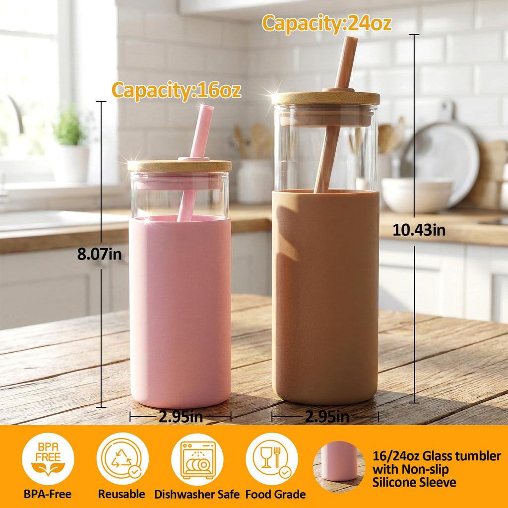 24 oz Glass Tumbler with Lids and Straw F686