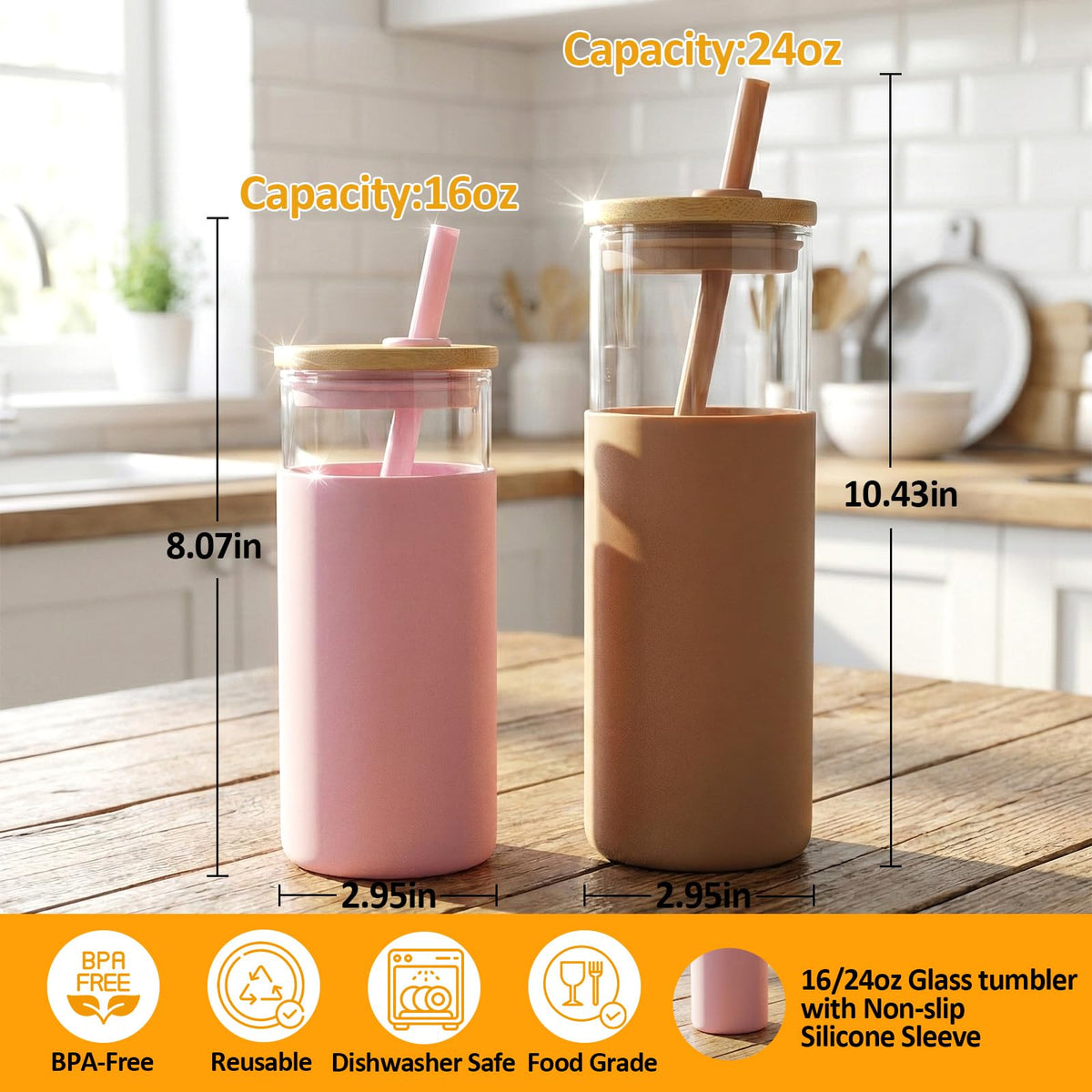 24 oz Glass Tumbler with Lids and Straw F686