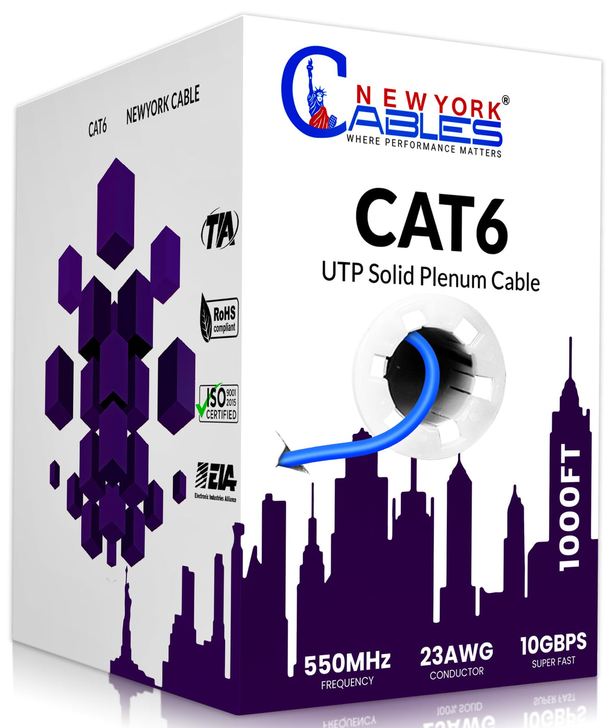 CAT6 Plenum Cable 1000ft 23AWG UTP 4Pairs 550MHz 10Gbps CMP Rated Blue T573718