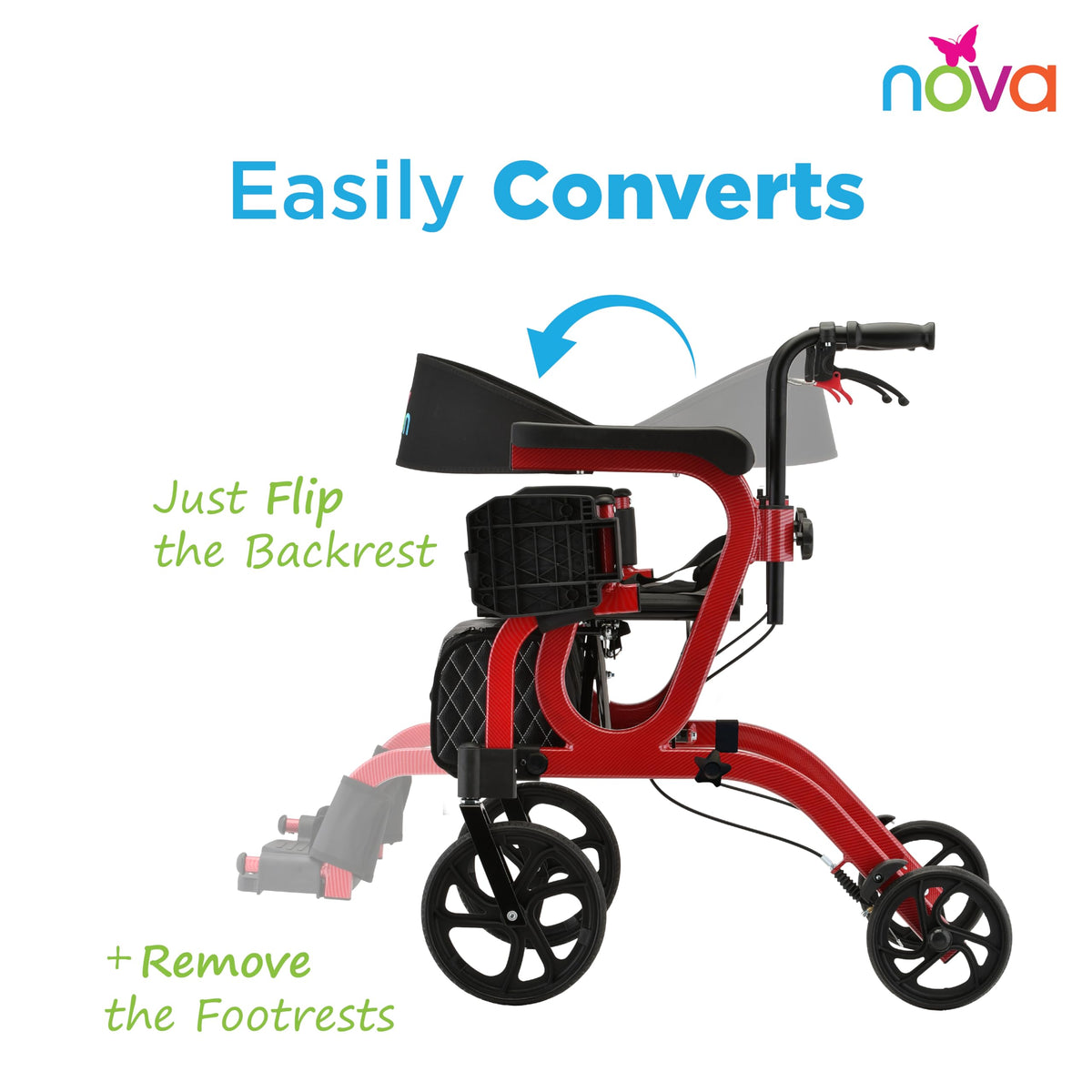 2-in-1 Rollator & Transport Wheelchair with Seat, Red R471858