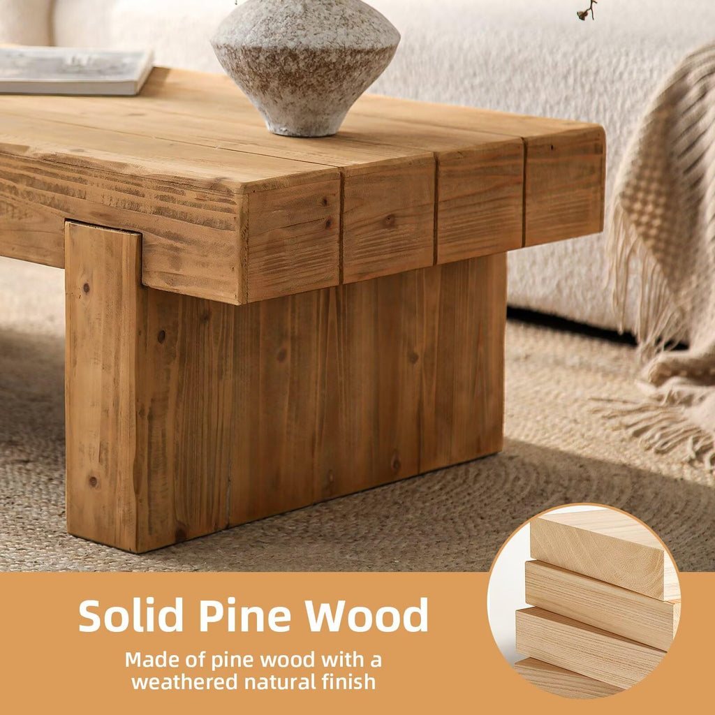 Solid Pine Wood Coffee Table, Rectangular Chunky Block Legs J5847