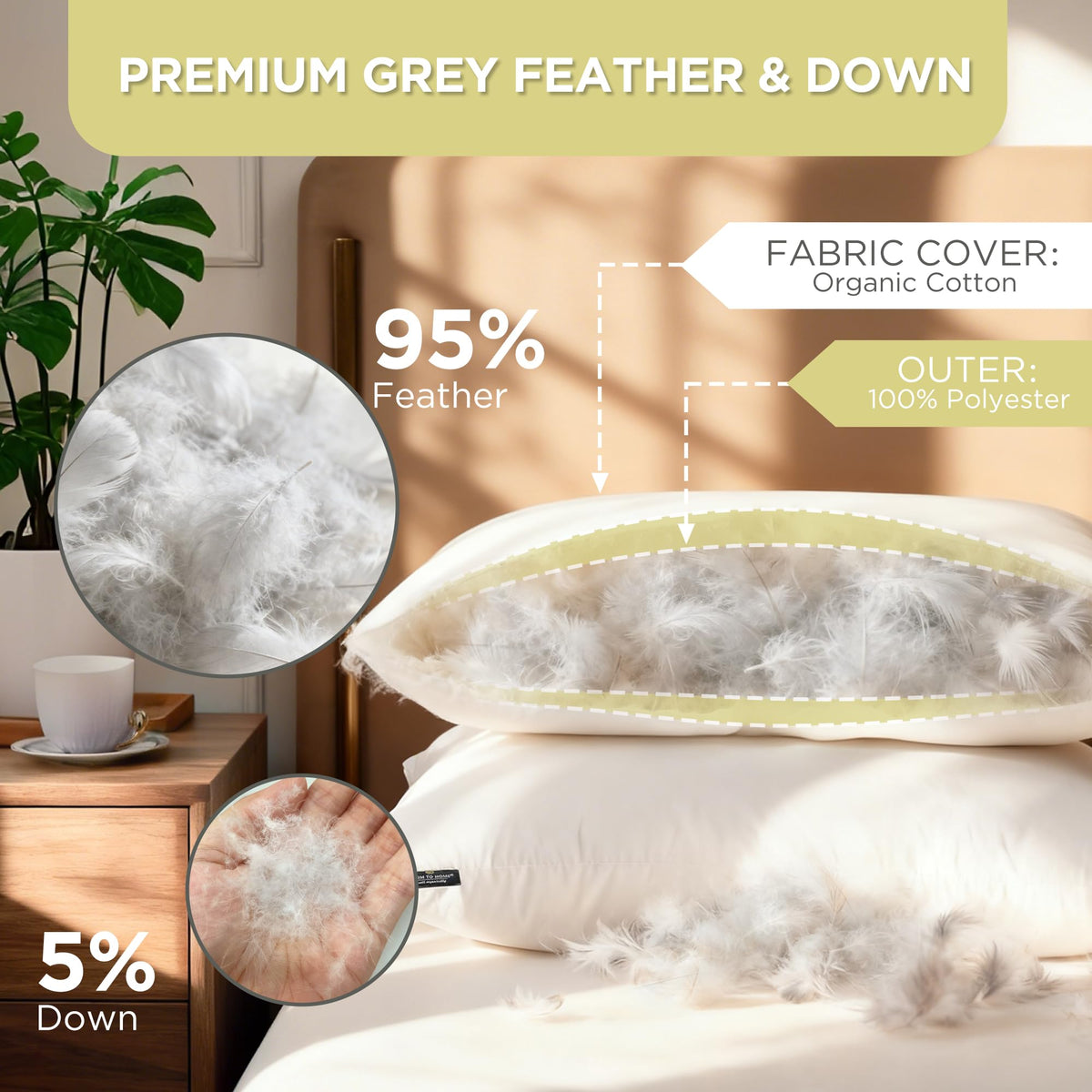 Feather and Down Pillows, 100% Organic Cotton Cover D991