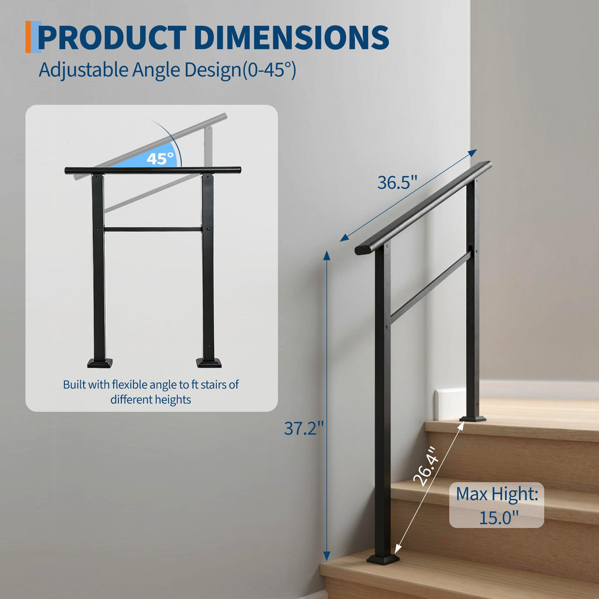 4 Step Black Aluminum Iron Outdoor Stair Handrail Kit J808