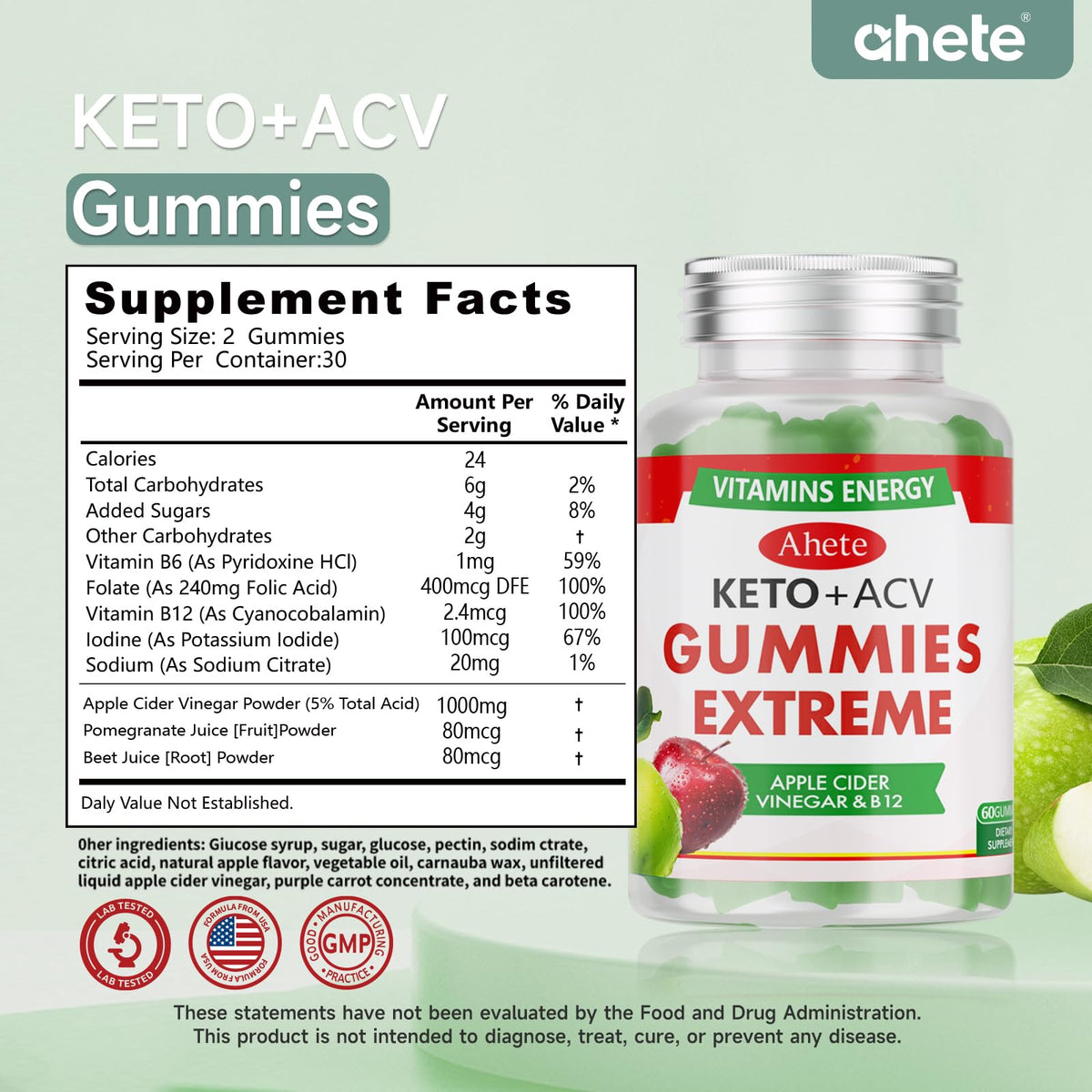 Apple Cider Vinegar Gummies with Vitamin B6, B12, Folate & Beet Root, 180 Gummies G23025