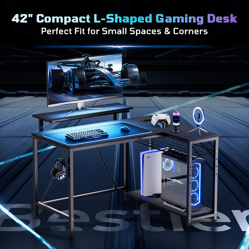 42-Inch L-Shaped Computer Desk with Charging & LED, Black Q447