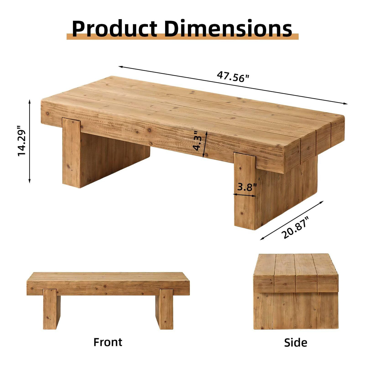 Solid Pine Wood Coffee Table, Rectangular Chunky Block Legs J5847