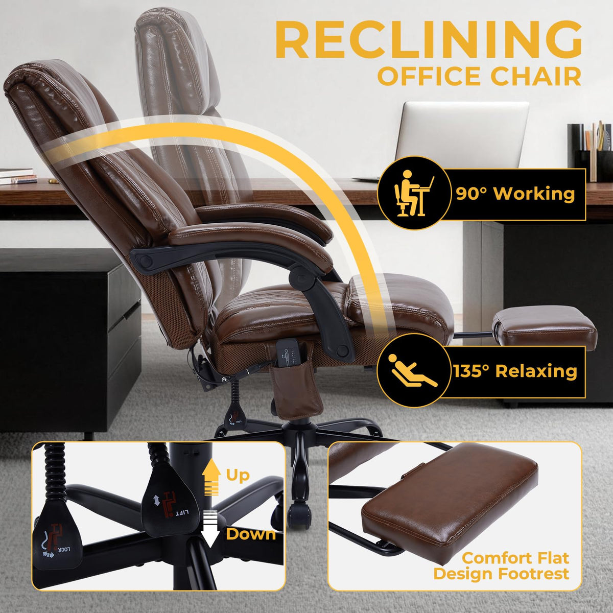 Brown Heated Massage Reclining Leather Office Chair with Foot Rest Y7147