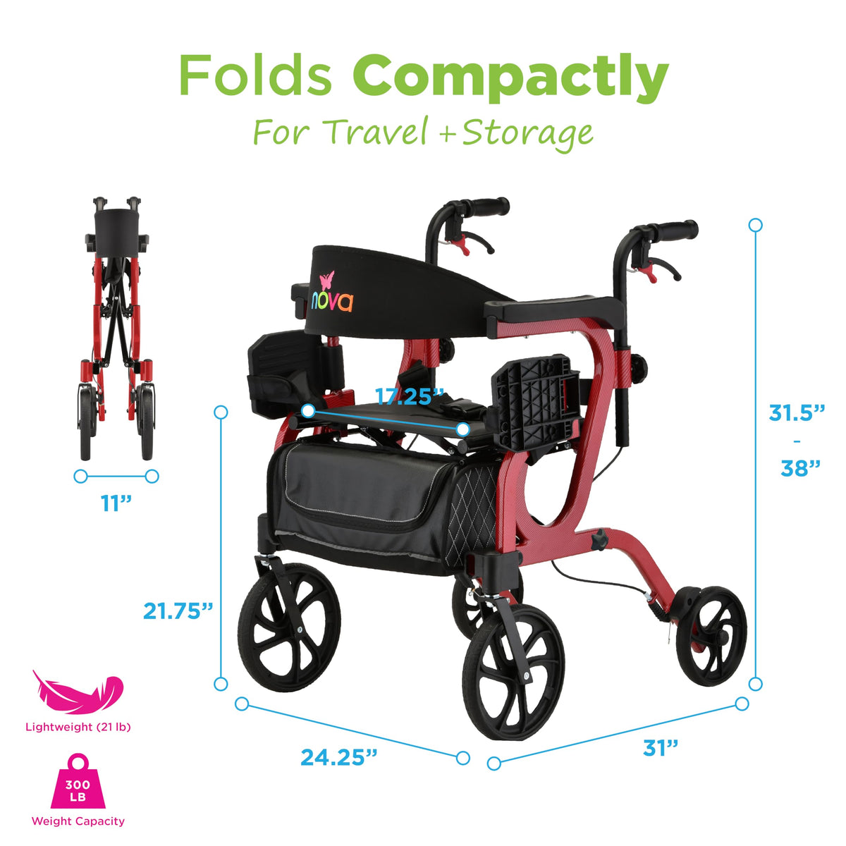 2-in-1 Rollator & Transport Wheelchair with Seat, Red R471858