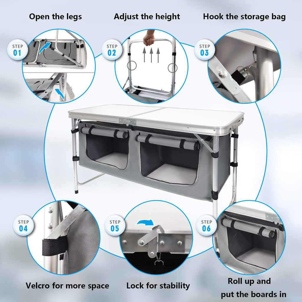 Aluminum Lightweight Height Adjustable Folding Table with Storage Organizer C6169