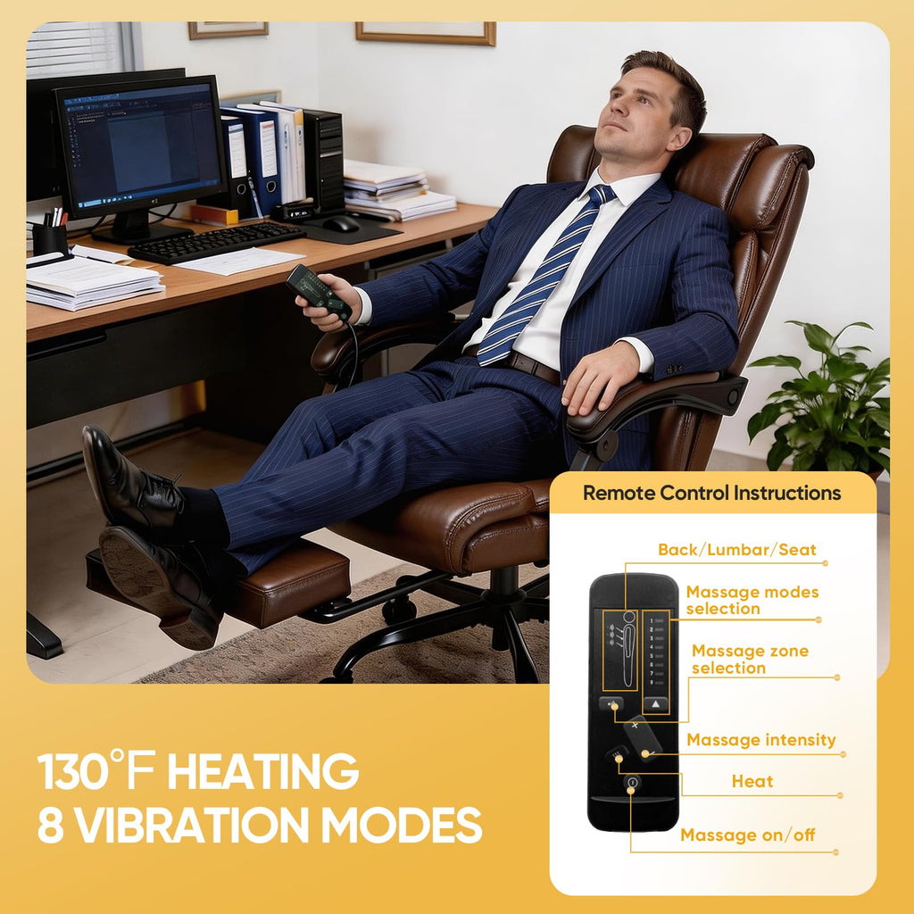 Brown Heated Massage Reclining Leather Office Chair with Foot Rest Y7147