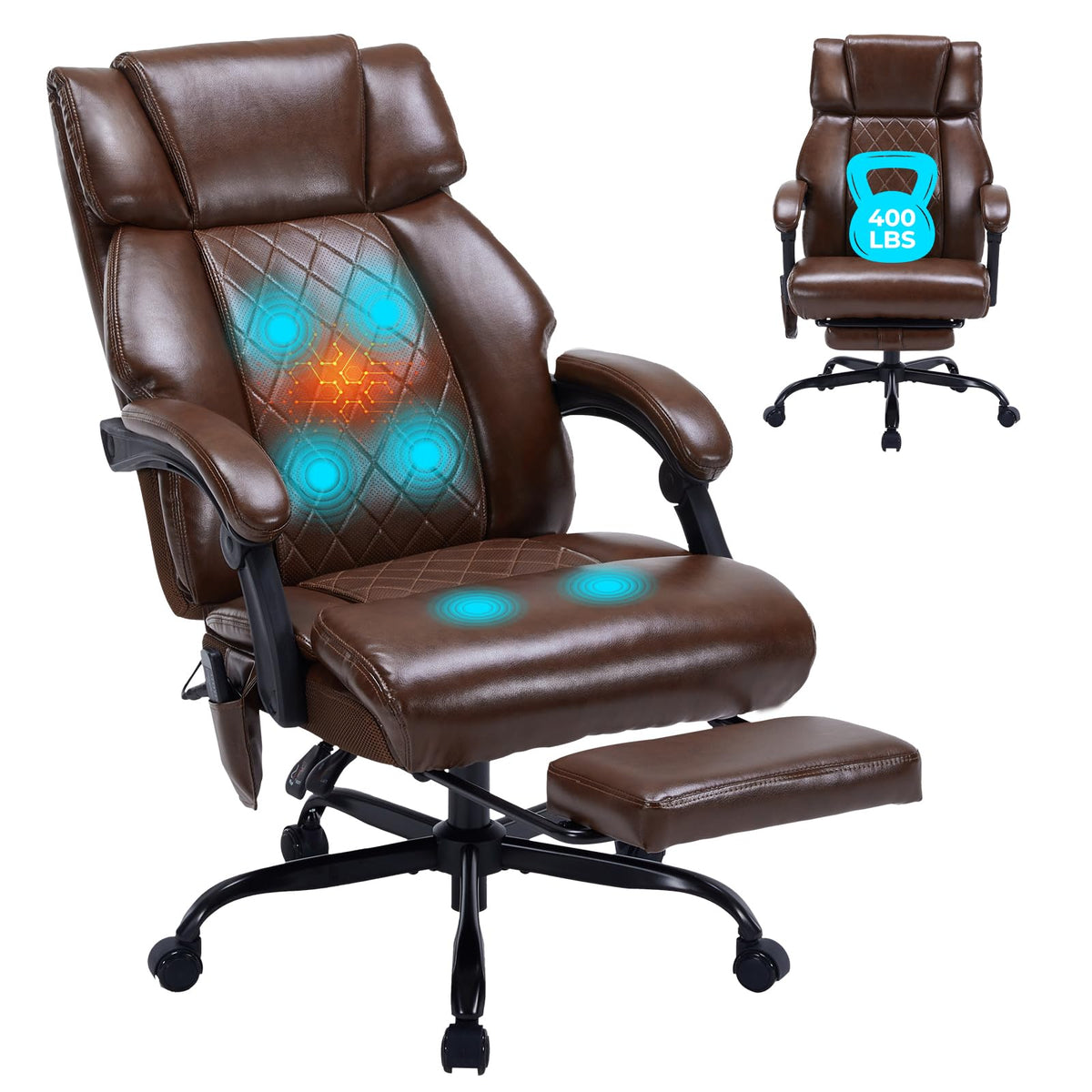Brown Heated Massage Reclining Leather Office Chair with Foot Rest Y7147