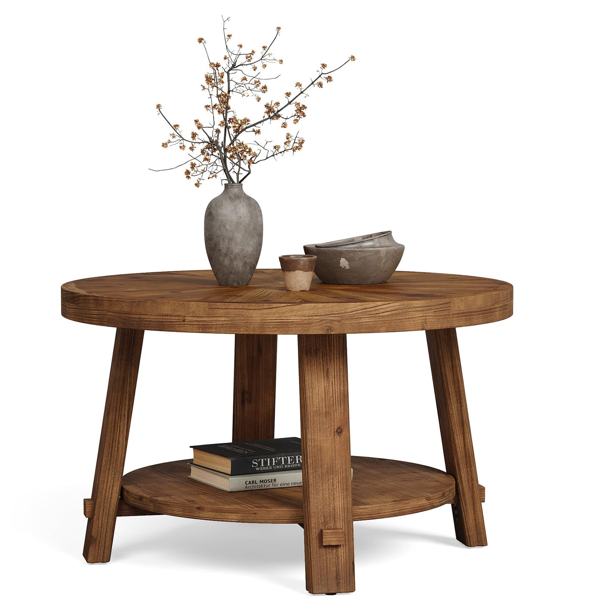 Solid Wood 2-Tier Round Coffee Table with Storage E176723