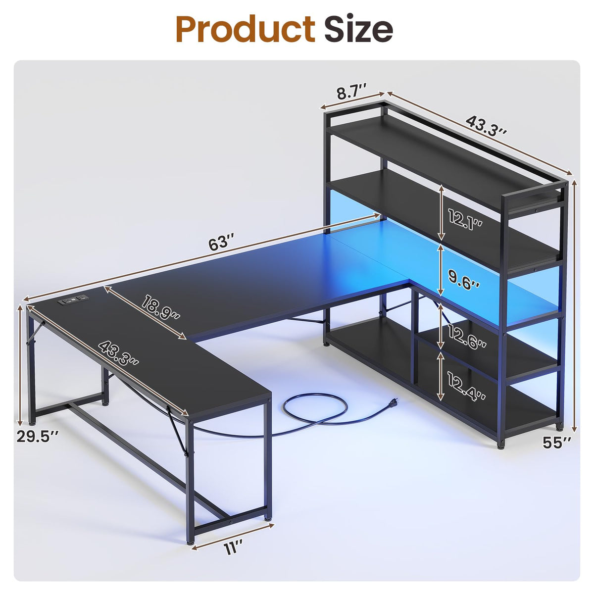 Black L Shaped Gaming Desk with Power Outlet and Storage Shelves Z53243