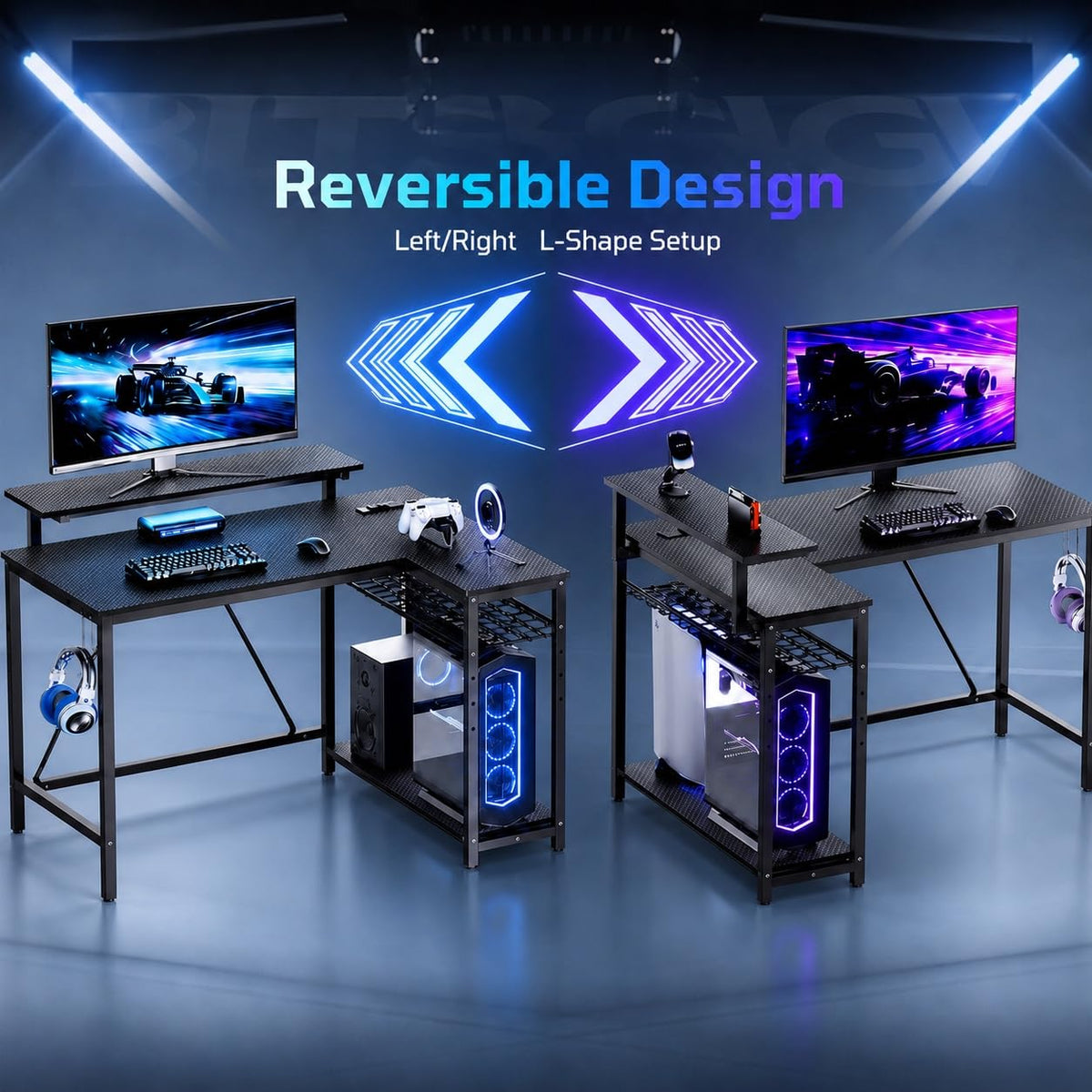 42-Inch L-Shaped Computer Desk with Charging & LED, Black Q447