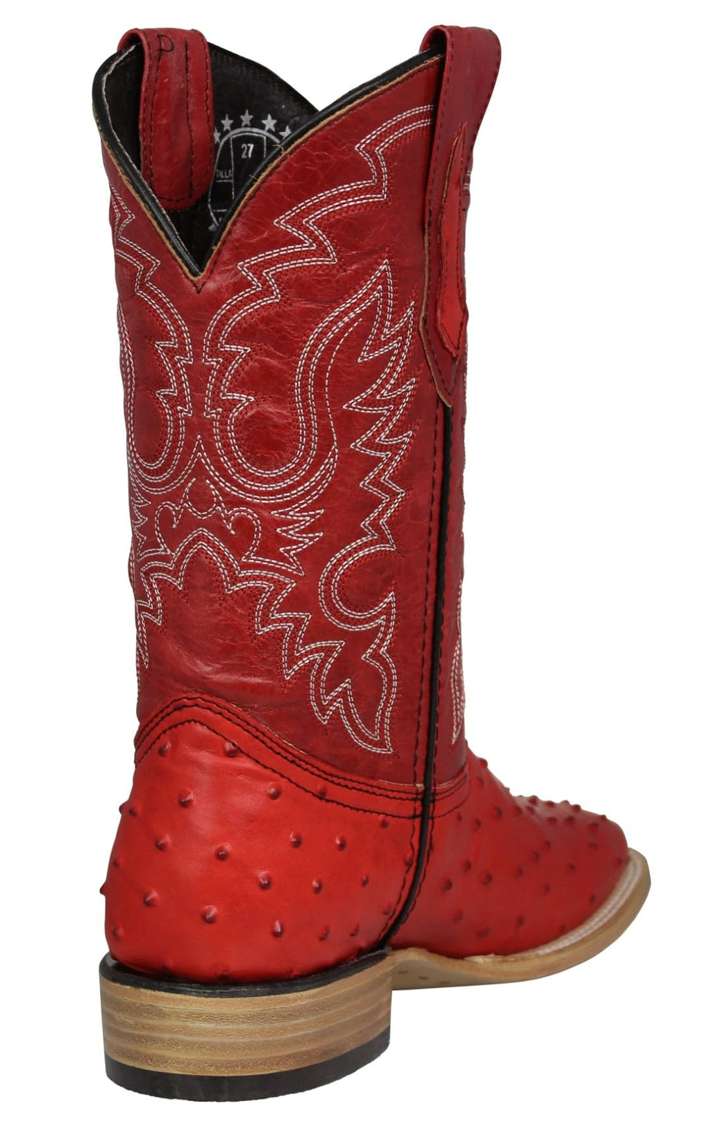 Red Ostrich Quill Print Leather Square Toe Western Cowboy Boots V2623