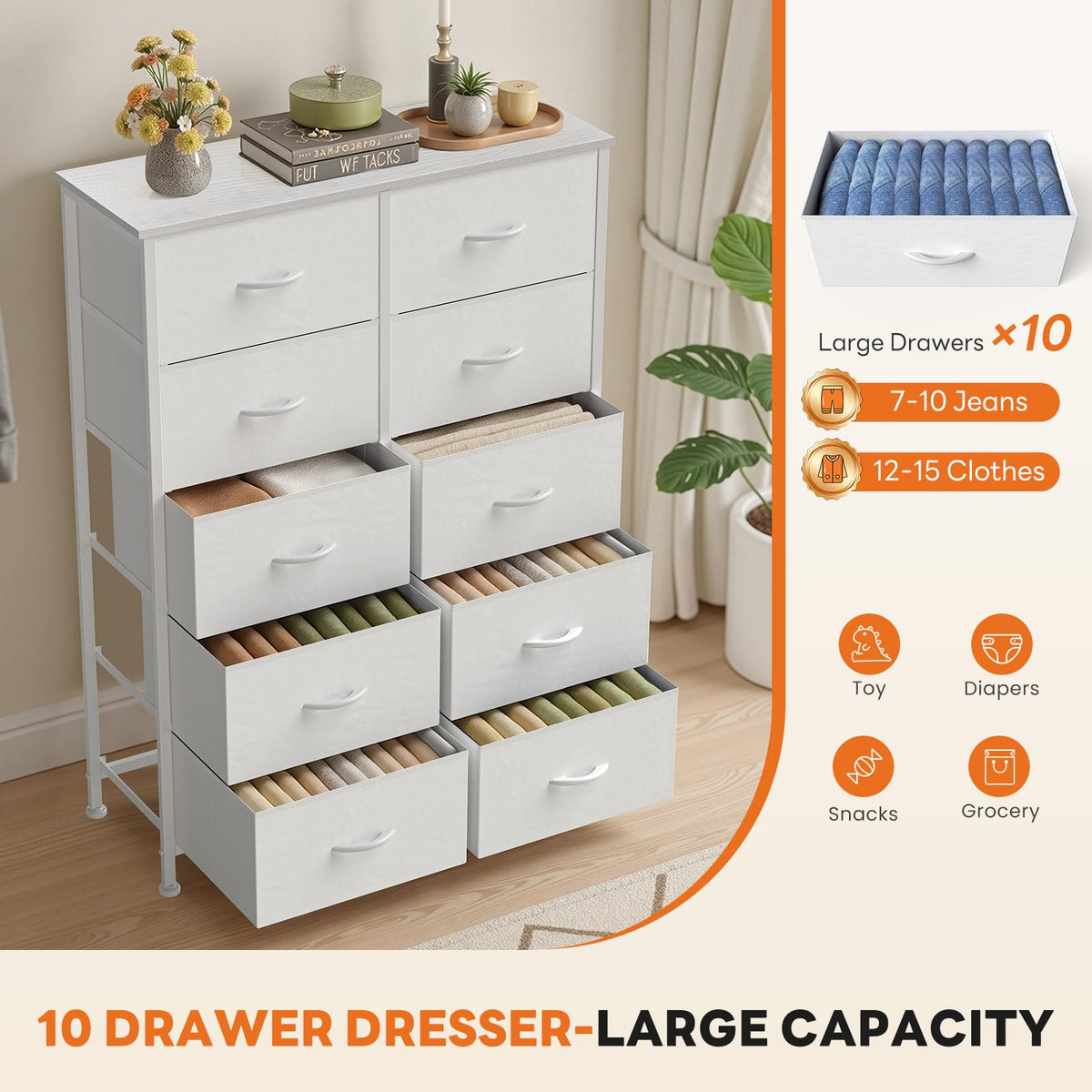 White 10 Drawer Tall Dresser F7114
