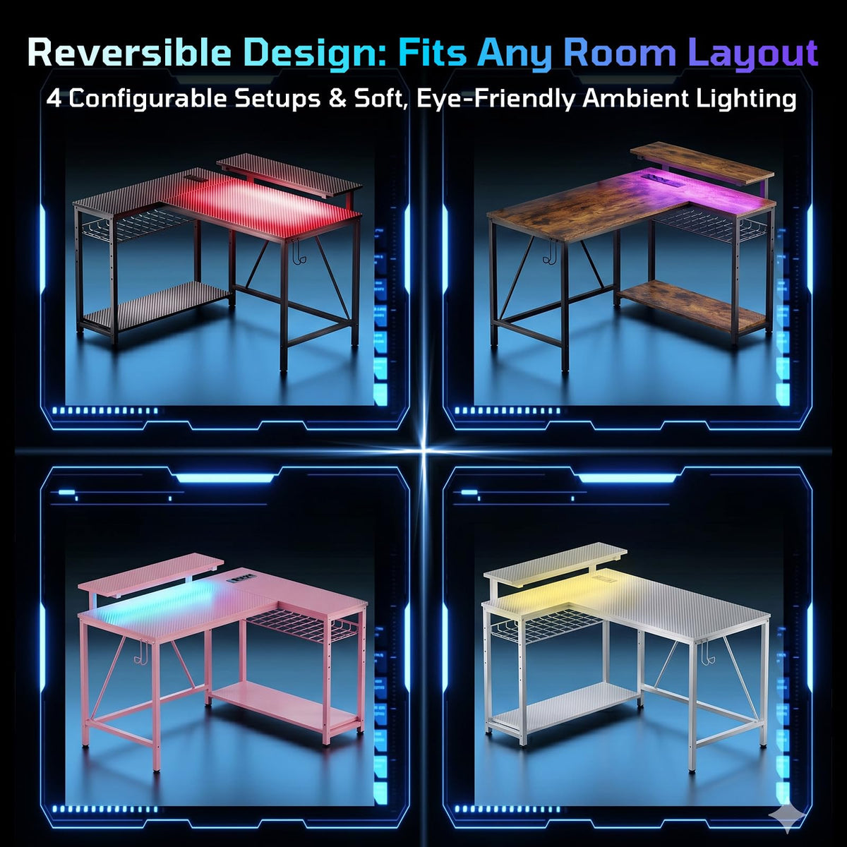42-Inch L-Shaped Computer Desk with Charging & LED, Black Q447
