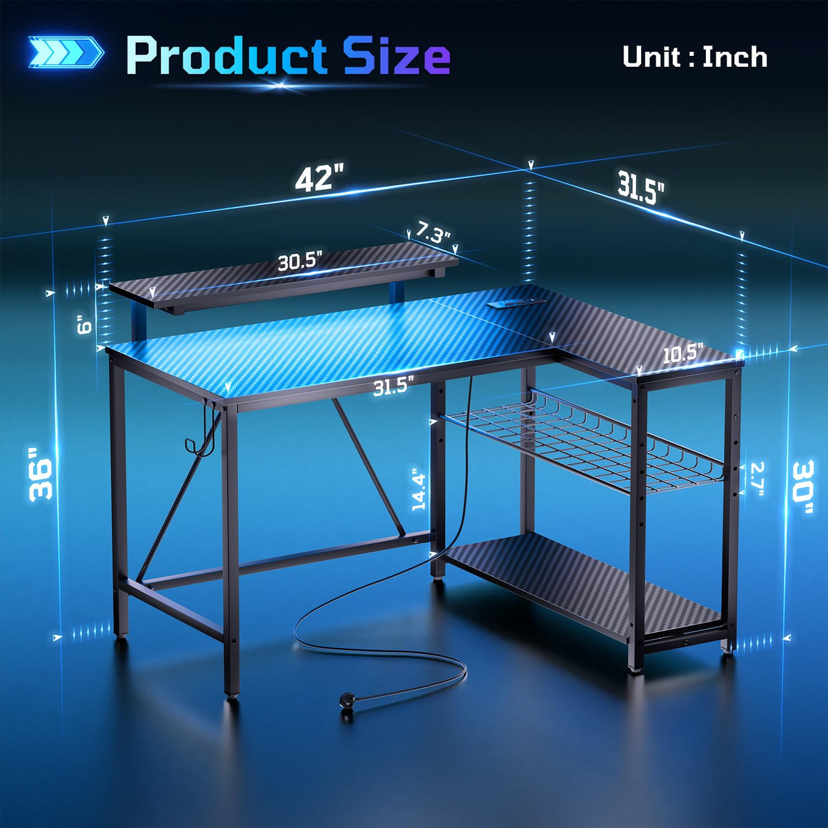 42-Inch L-Shaped Computer Desk with Charging & LED, Black Q447