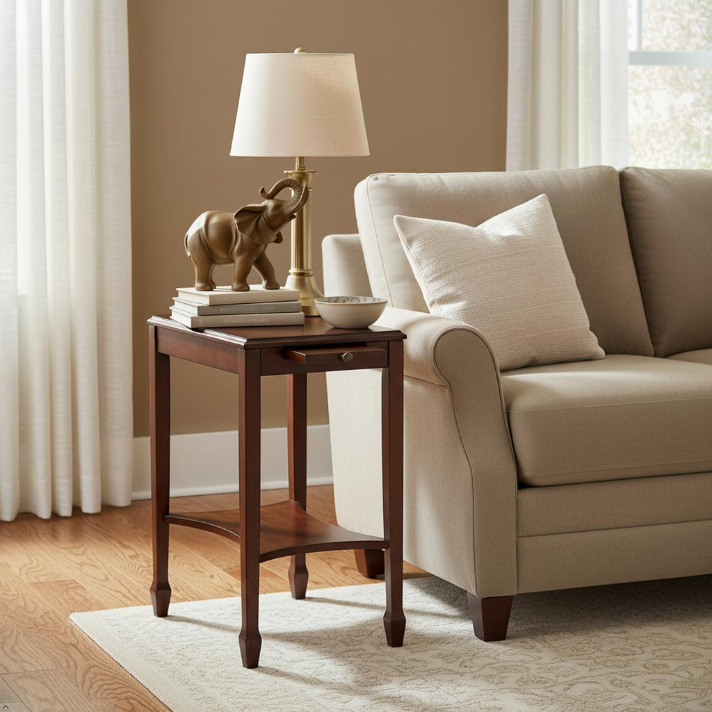 Traditional Rectangular Wood Side Table with Pull-Out Tray W748