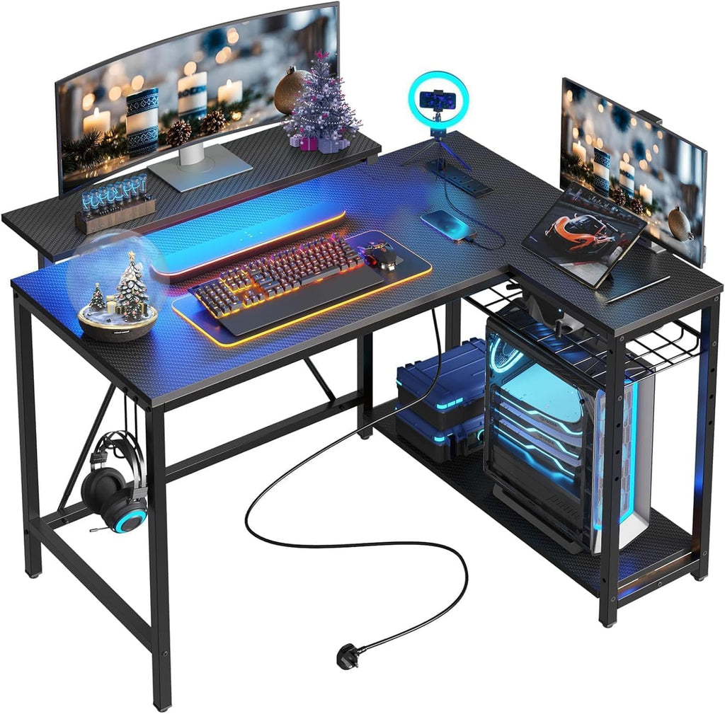 42-Inch L-Shaped Computer Desk with Charging & LED, Black Q447
