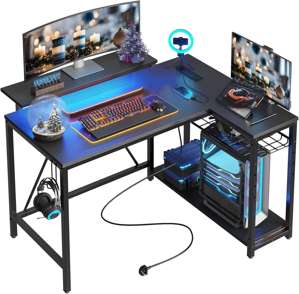 42-Inch L-Shaped Computer Desk with Charging & LED, Black Q447