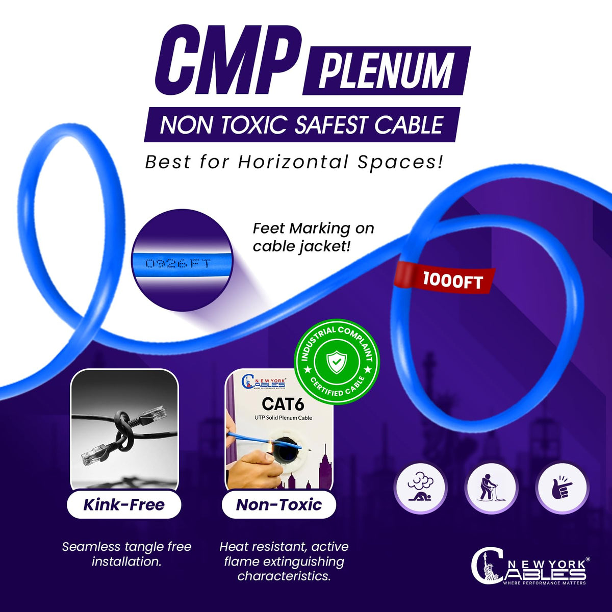 CAT6 Plenum Cable 1000ft 23AWG UTP 4Pairs 550MHz 10Gbps CMP Rated Blue T573718