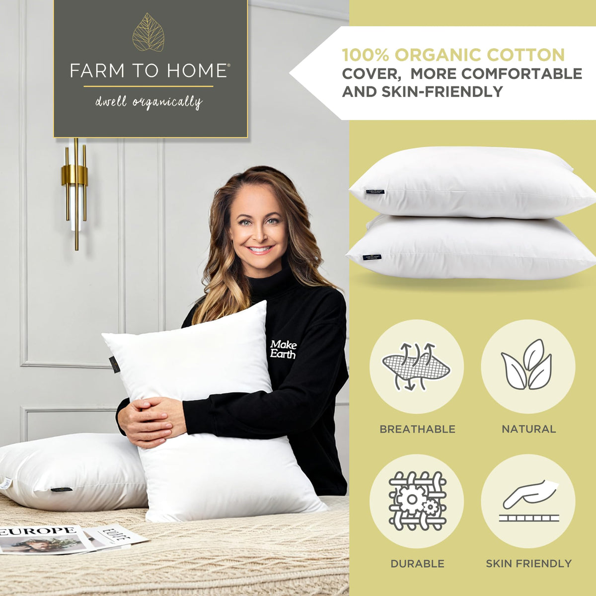 Feather and Down Pillows, 100% Organic Cotton Cover D991
