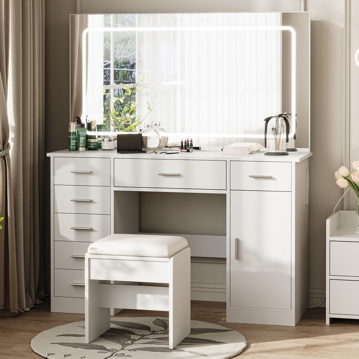 White 7 Drawer Vanity Desk with LED Mirror E3087
