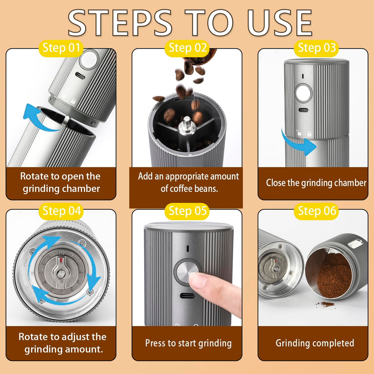 Portable Electric Burr Coffee Grinder, Stainless Steel Burrs, Grey A3351