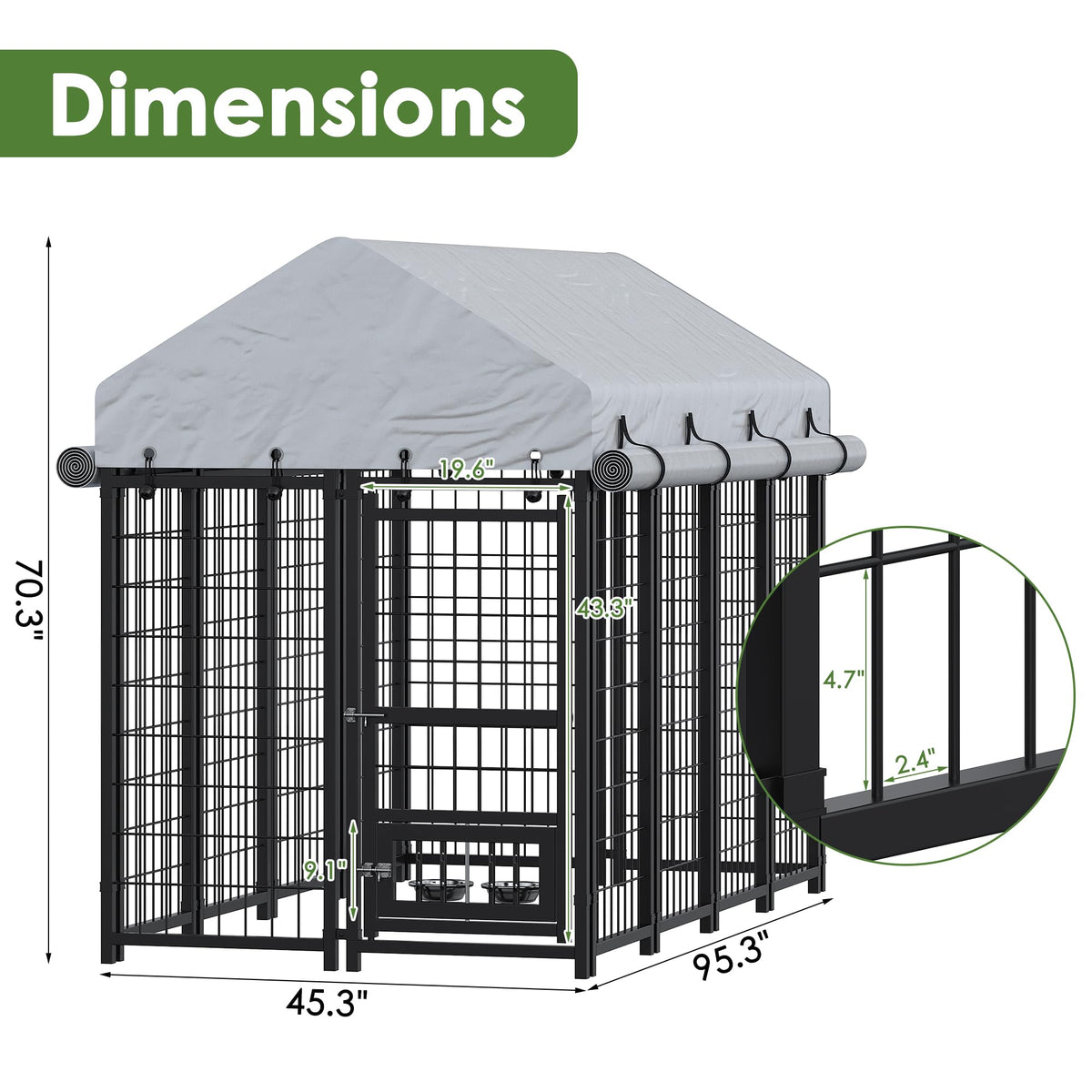 8x4x6 FT Metal Dog Kennel with 2 Dog Bowls D73006
