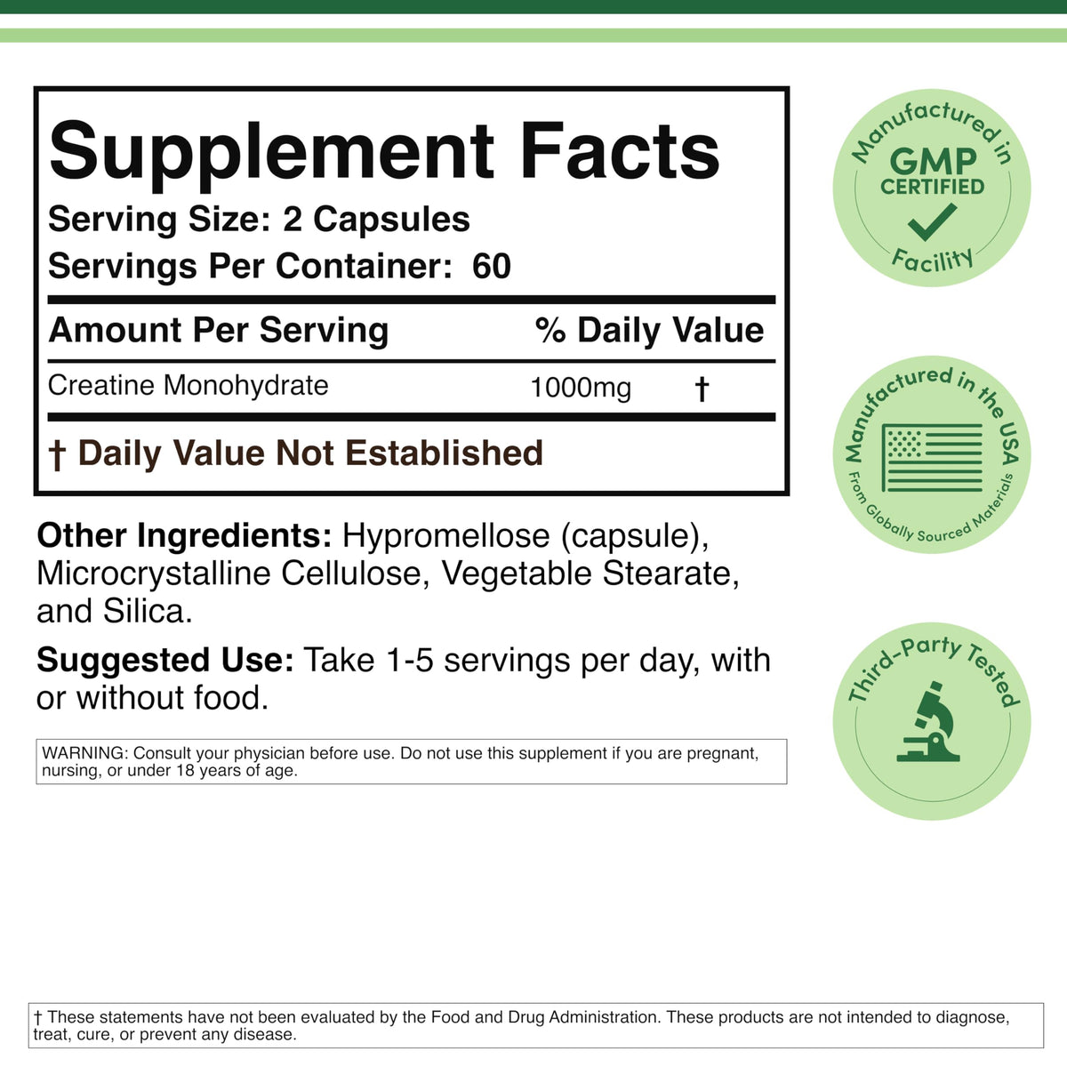 Creatine Monohydrate Capsules 1,000mg Vegan 120 Capsules R124