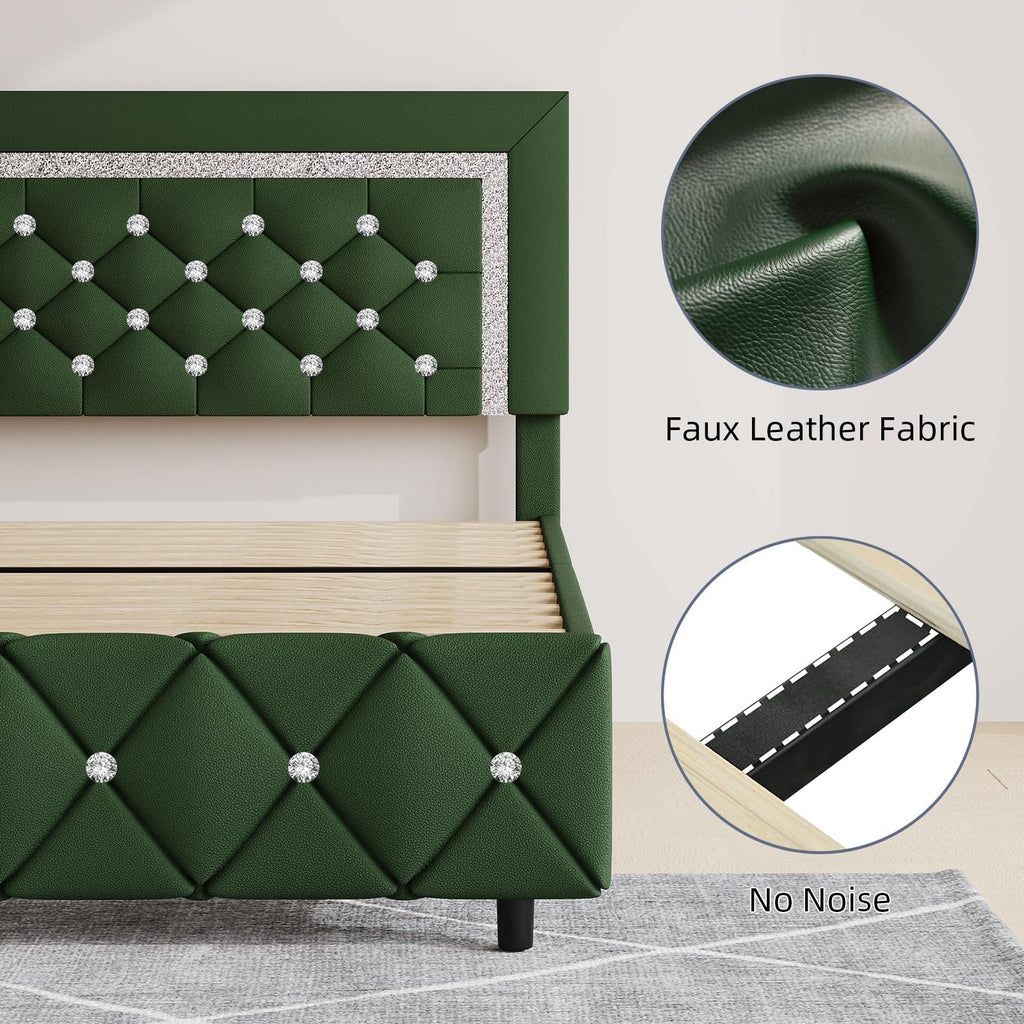 Green Faux Leather Upholstered Bed Frame with Headboard J9616