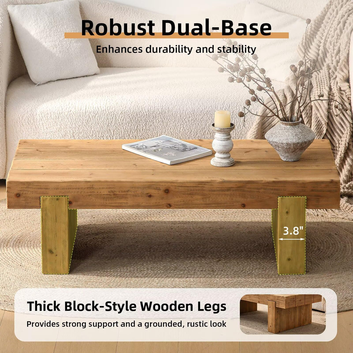 Solid Pine Wood Coffee Table, Rectangular Chunky Block Legs J5847