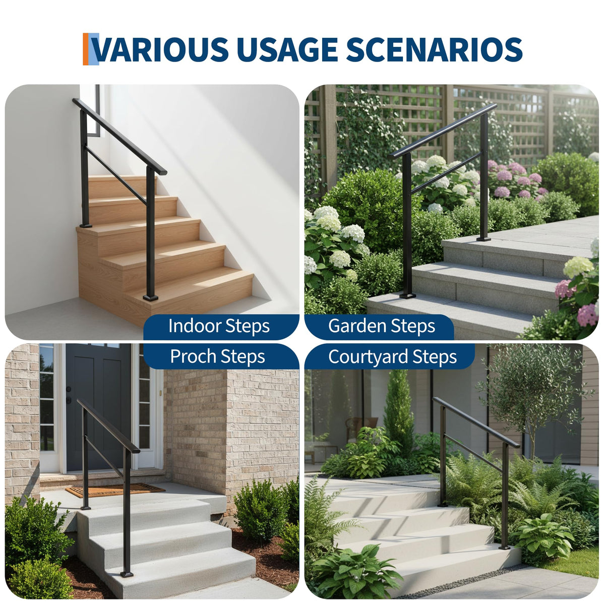 4 Step Black Aluminum Iron Outdoor Stair Handrail Kit J808