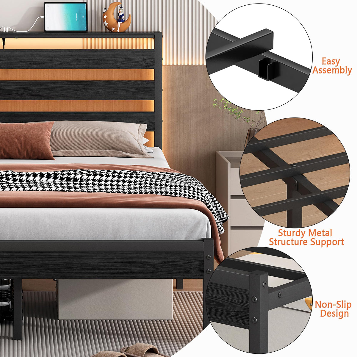 14 Inch Metal Platform Bed Frame with Headboard and USB Charging Station F499529