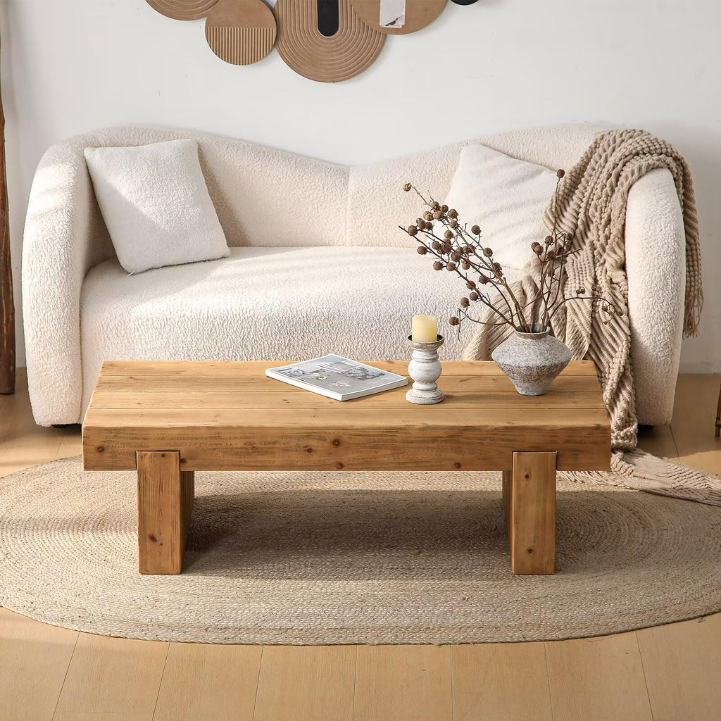Solid Pine Wood Coffee Table, Rectangular Chunky Block Legs J5847