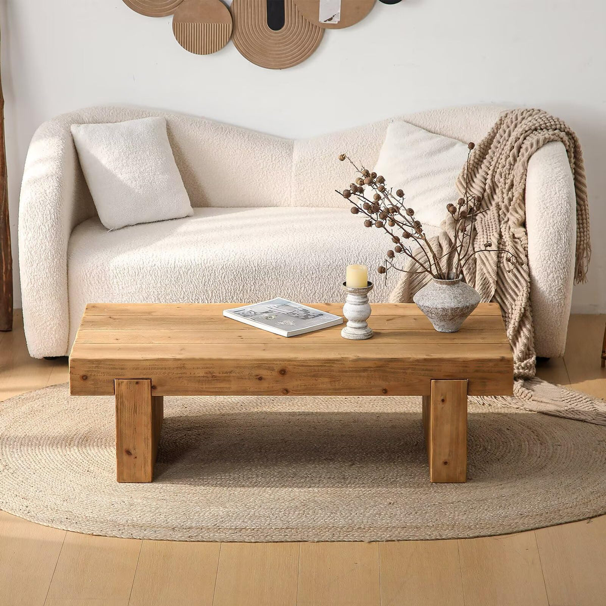 Solid Pine Wood Coffee Table, Rectangular Chunky Block Legs J5847